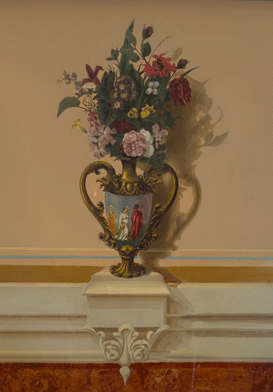 Vase with flowers and trompe l'oeil painting on it