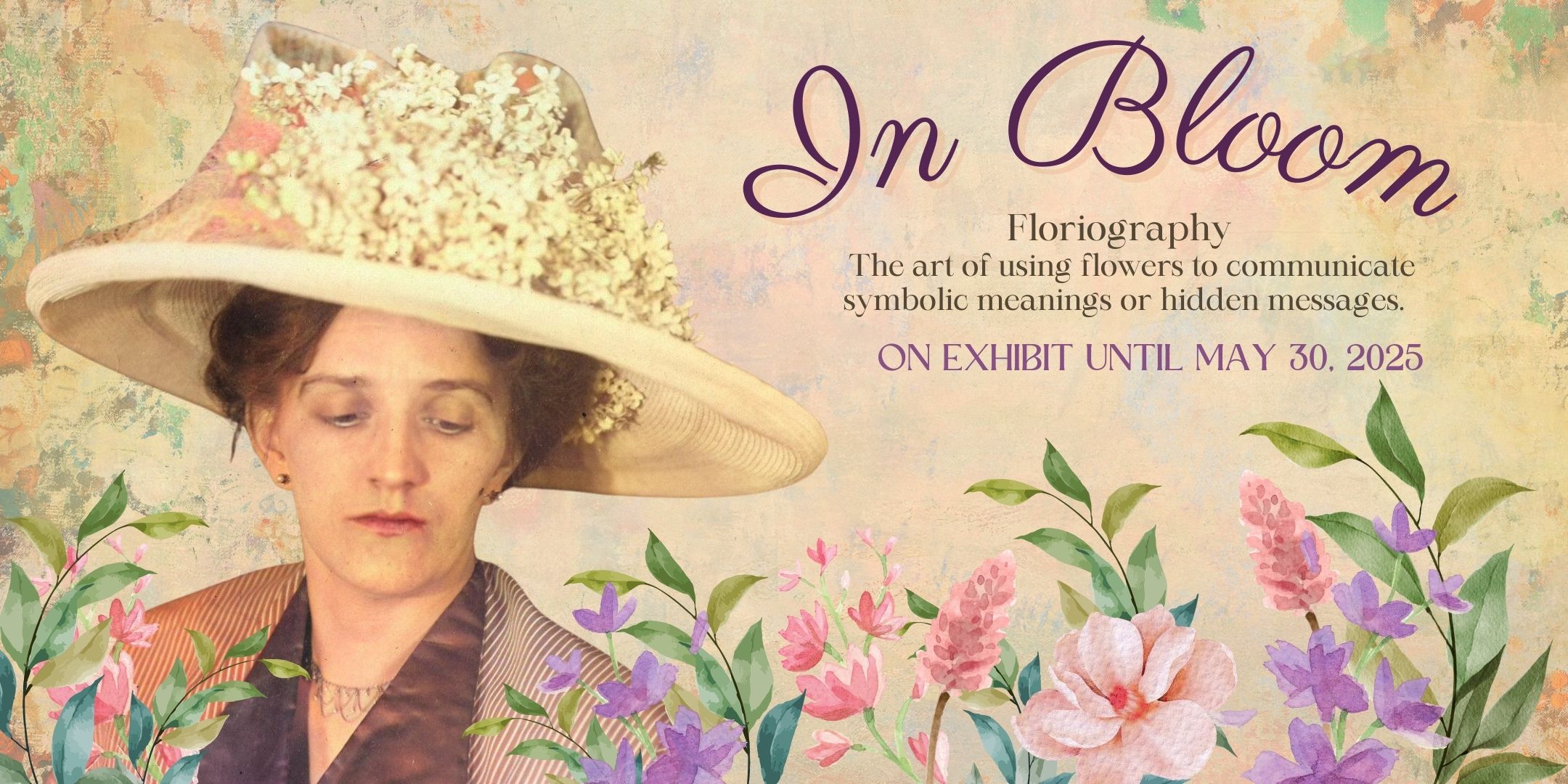 Woman in large brim hat with lilac flowers, multi coloured background reads In Bloom exhibit