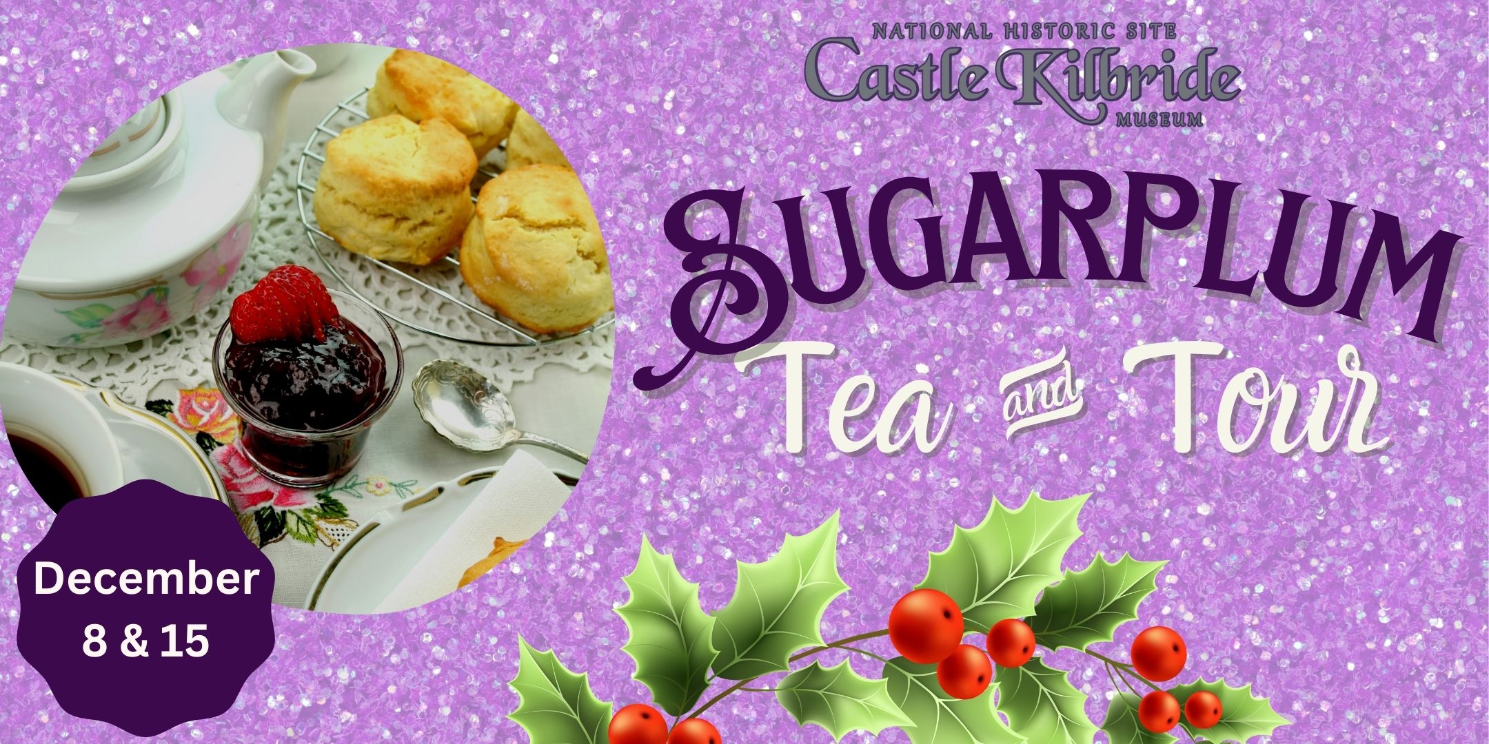 purple sparkle background with image of tea and biscuits