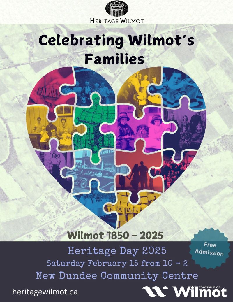 Poster containing event details and a heart shaped puzzle with each piece containing a historic family photograph.