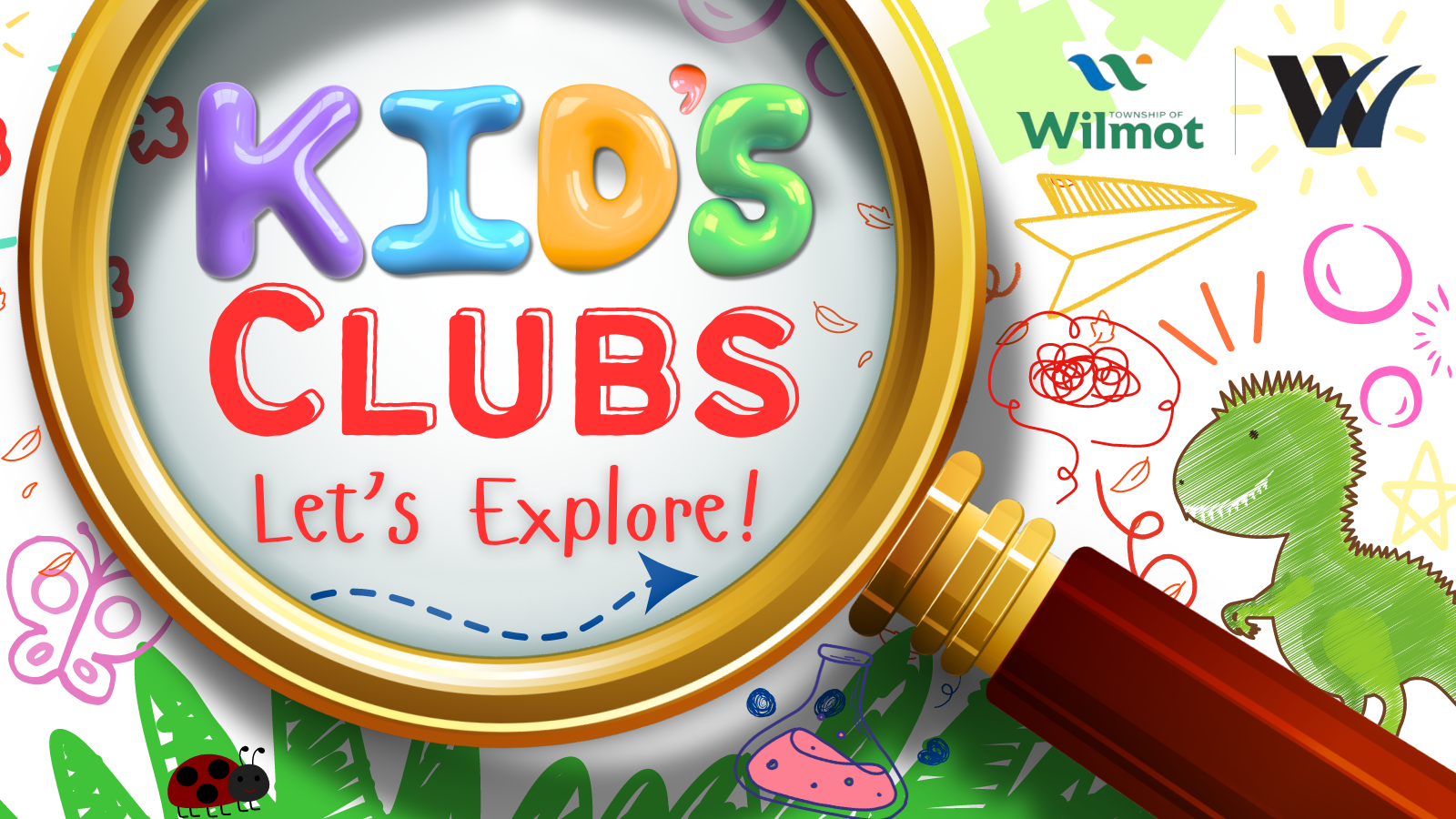 A magnifying glass with the words "Kid's Clubs" surrounded by doodles.