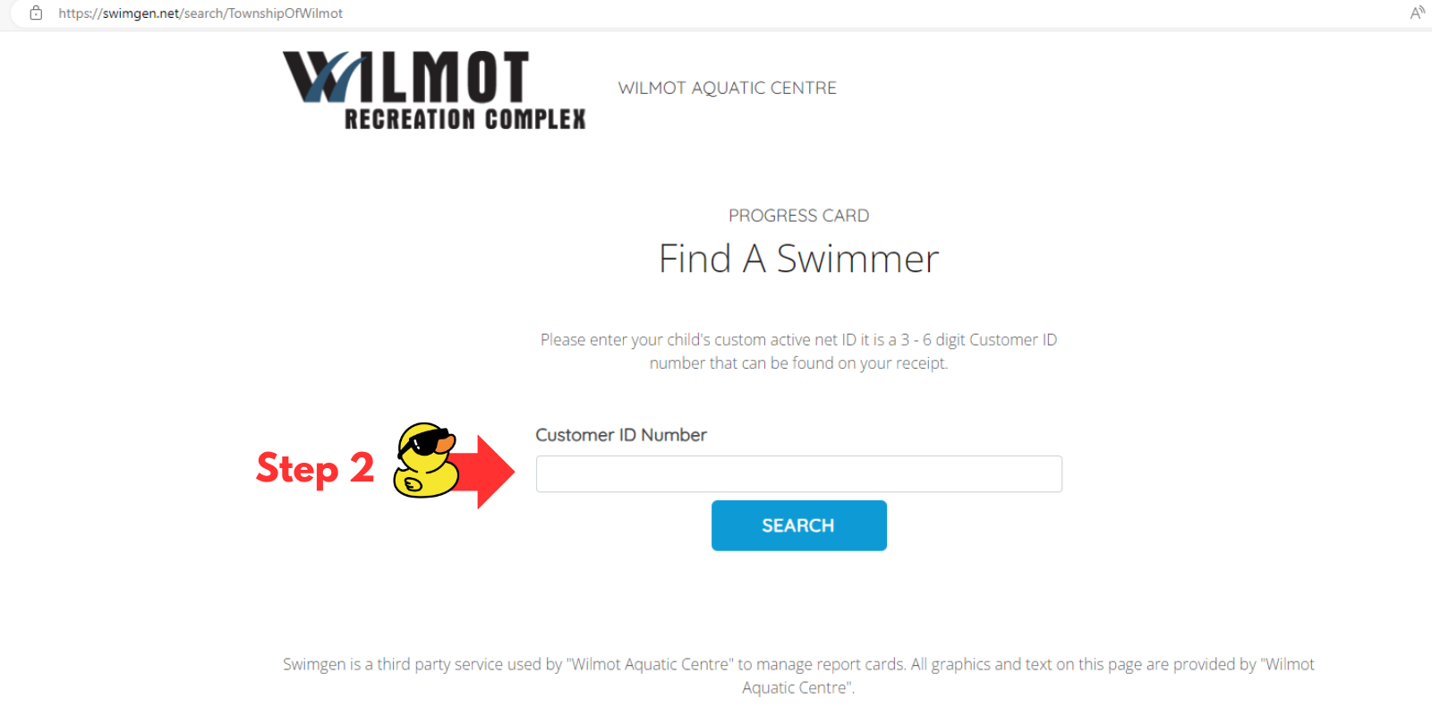 A screenshot of the SwimGen portal landing page, with a rubber duck pointing to the Customer I.D. box