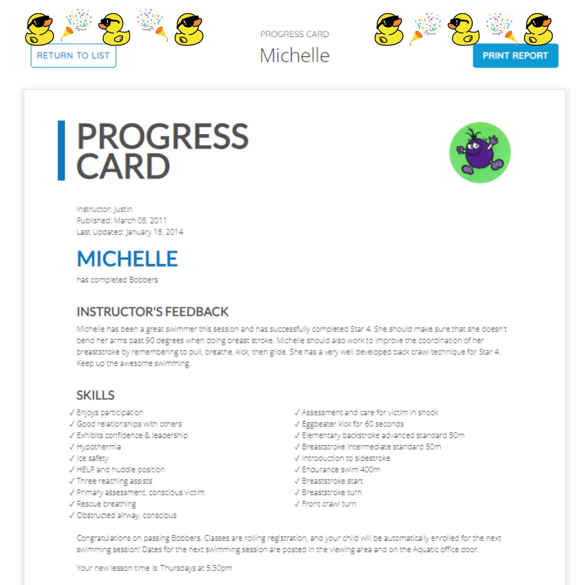 A photo of the online report cards with rubber duckies across the top.